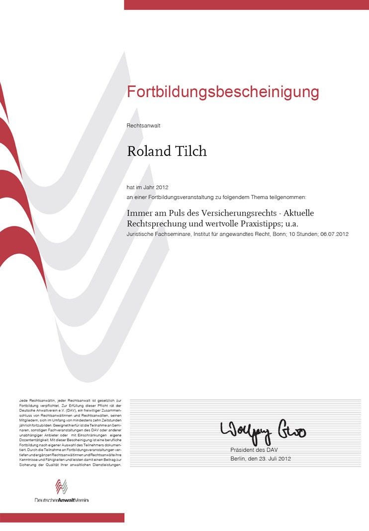 Fortbildungsbescheinigung Roland Tilch Rechtsanwalt Fortbildungsbescheinigung