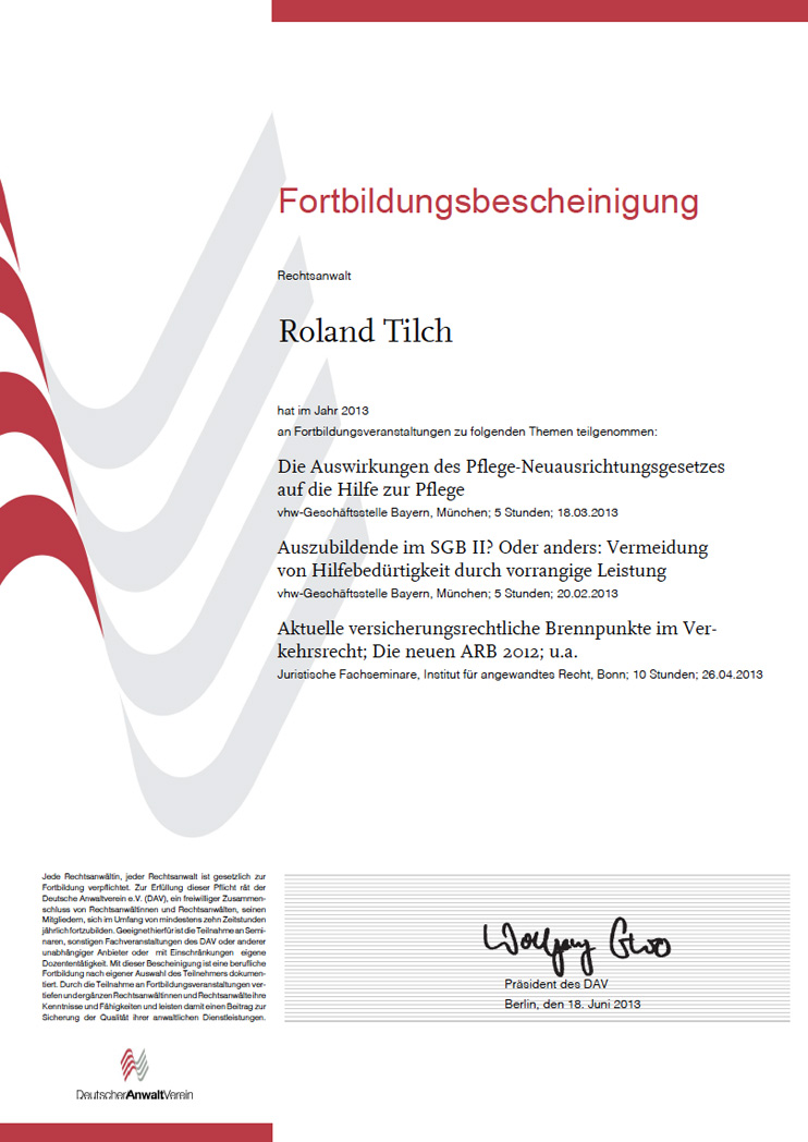Hr. Roland Tilch - Fortbildungsbescheinigung des Deutschen Anwaltsvereins 2012 Fortbildungsbescheinigung