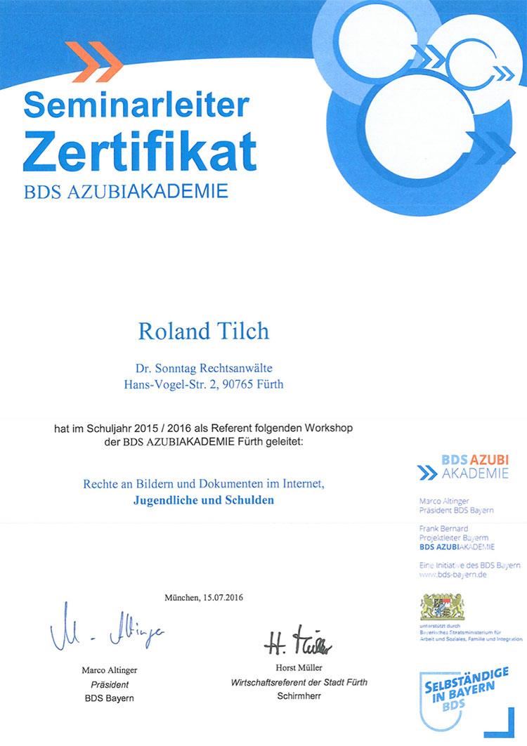 Seminarleiterzertifikat der BDS Azubi-Akademie, Roland Tilch