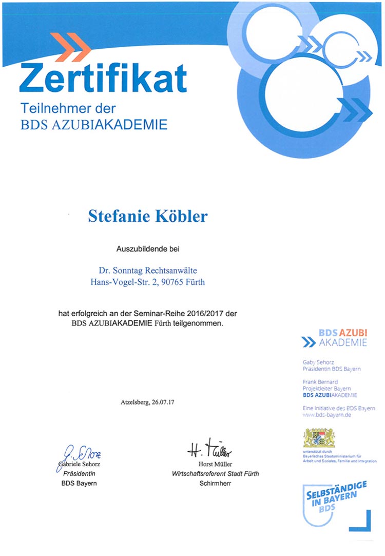 Bildungspartnerzertifikat der BDS Azubi-Akademie